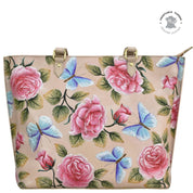 Leather Tooled  Rose Almond Painted Large Zip Top Tote
