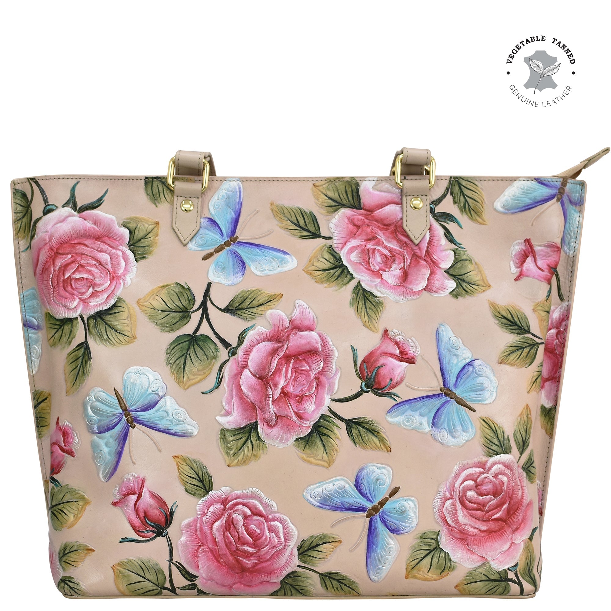 Leather Tooled  Rose Almond Painted Large Zip Top Tote