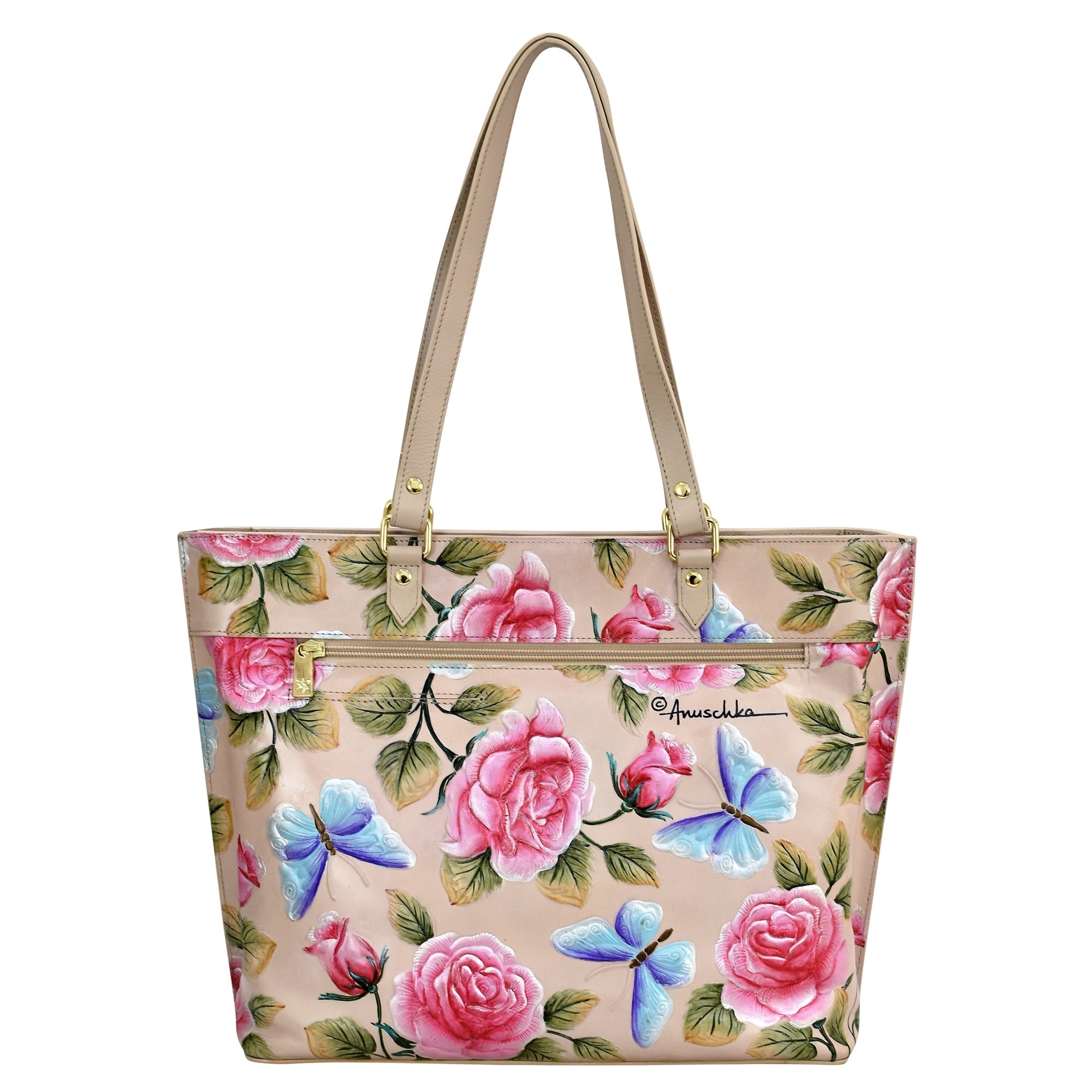 Leather Tooled  Rose Almond Painted Large Zip Top Tote