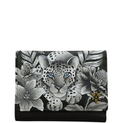 Anuschka style 1138, handpainted Small Flap French Wallet. Cleopatra's Leopard painting in black, grey and silver color.  Featuring RFID blocking and many credit card slots.