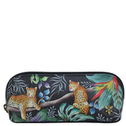 Anuschka style 1163,handpainted Medium Zip-Around Eyeglass/Cosmetic Pouch. Jungle Queen painting in black color. Featuring soft fabric lining and secure zip closure.