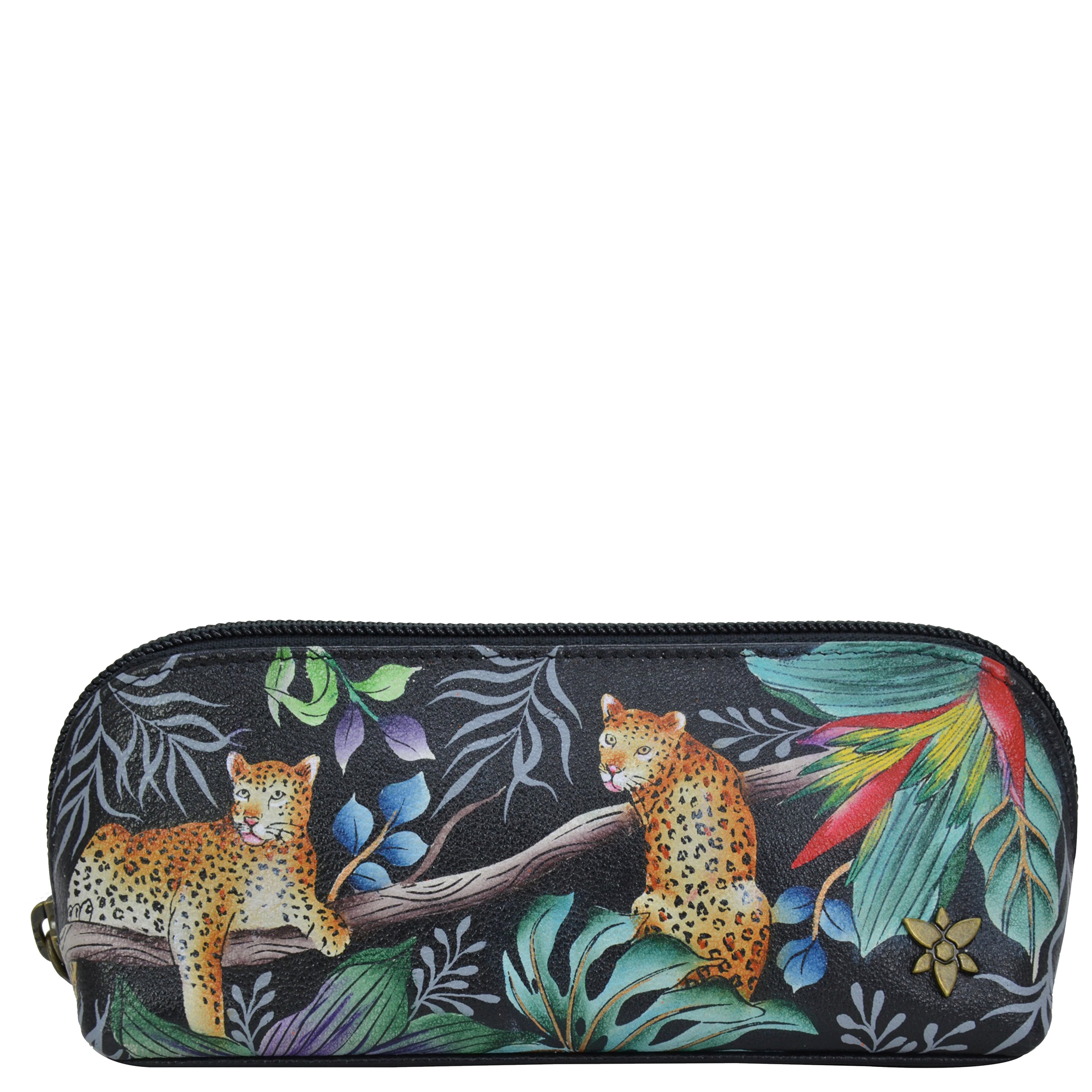 Cosmetic Pouch. Jungle Queen painting in black color. Featuring soft fabric lining and secure zip closure.