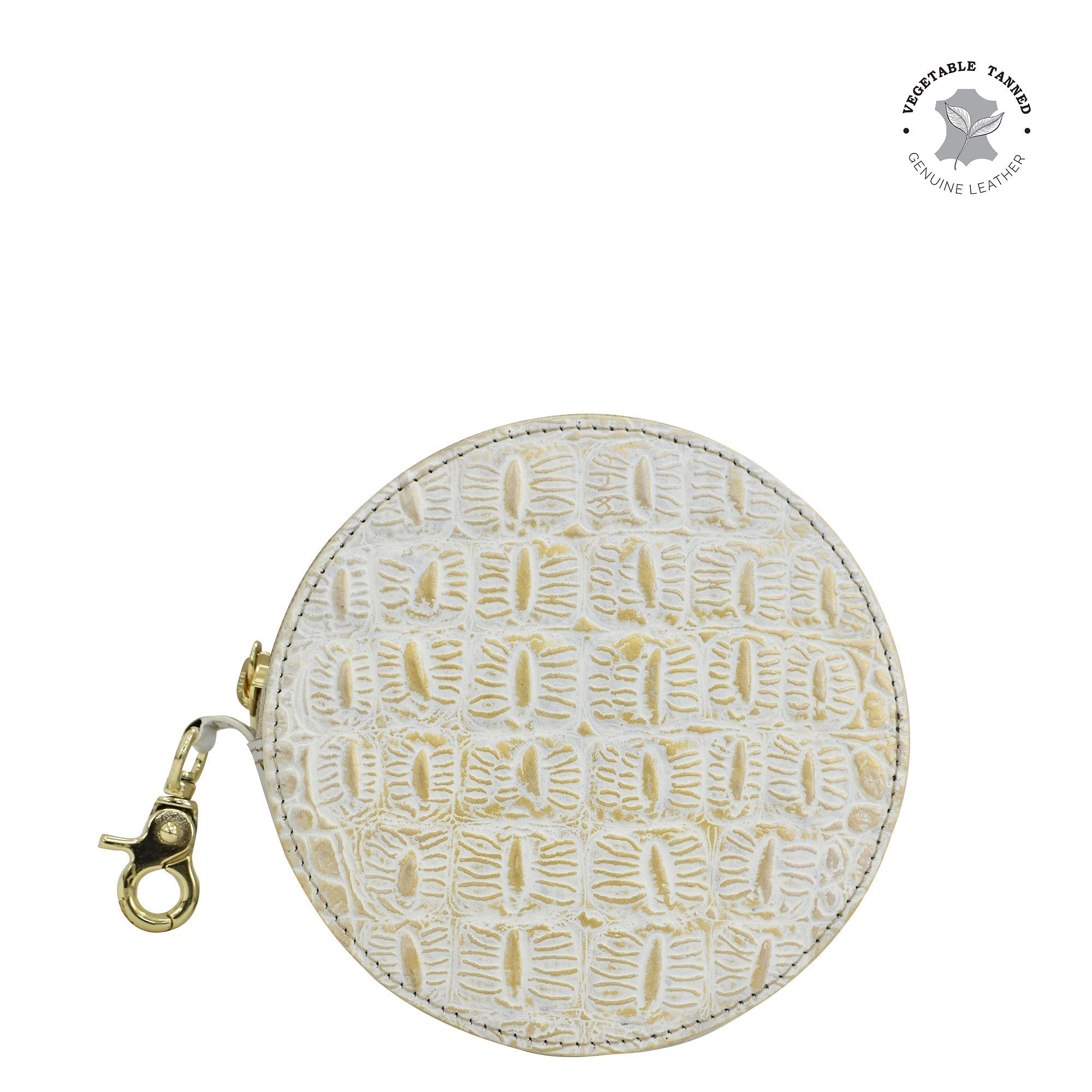 Croco Embossed Cream Gold Round Coin Purse - 1175