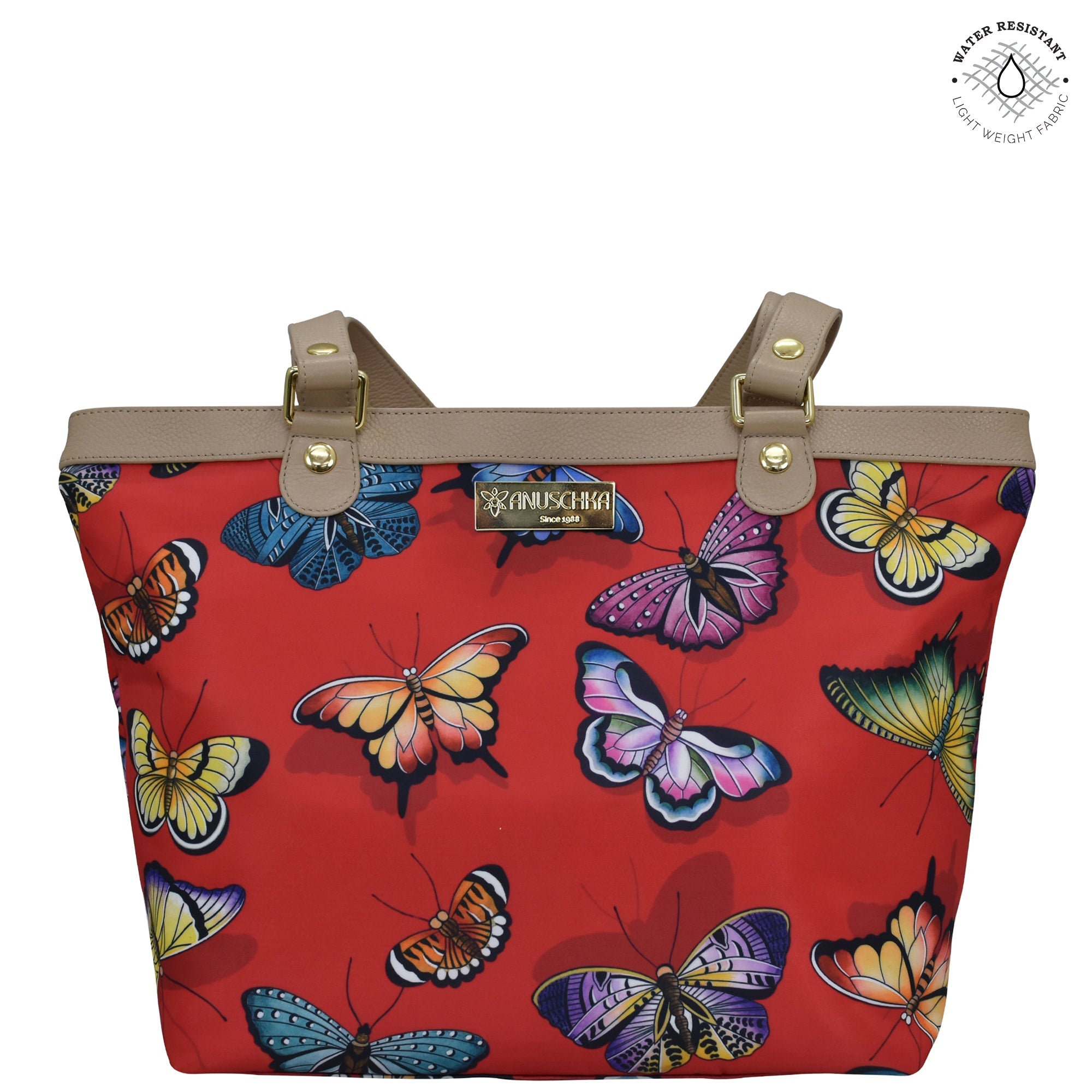 Butterfly Heaven Ruby Fabric with Leather Trim Zip Top City Tote - 12005