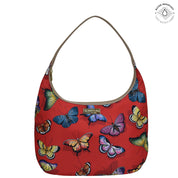 Butterfly Heaven Ruby Fabric with Leather Trim Large Sling Hobo - 12010