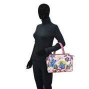 Fabric with Leather Trim Multi Compartment Satchel - 12014