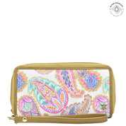 Boho Paisley Fabric with Leather Trim Wristlet Travel Wallet - 13000