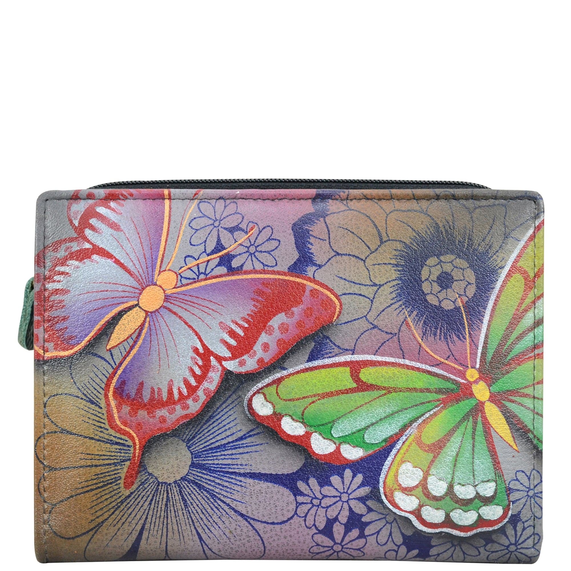 Anna by Anuschka style 1854, handpainted Two Fold Clutch Wallet. Butterfly Paradise painting in grey color. Featuring eleven credit card holder, one ID window.