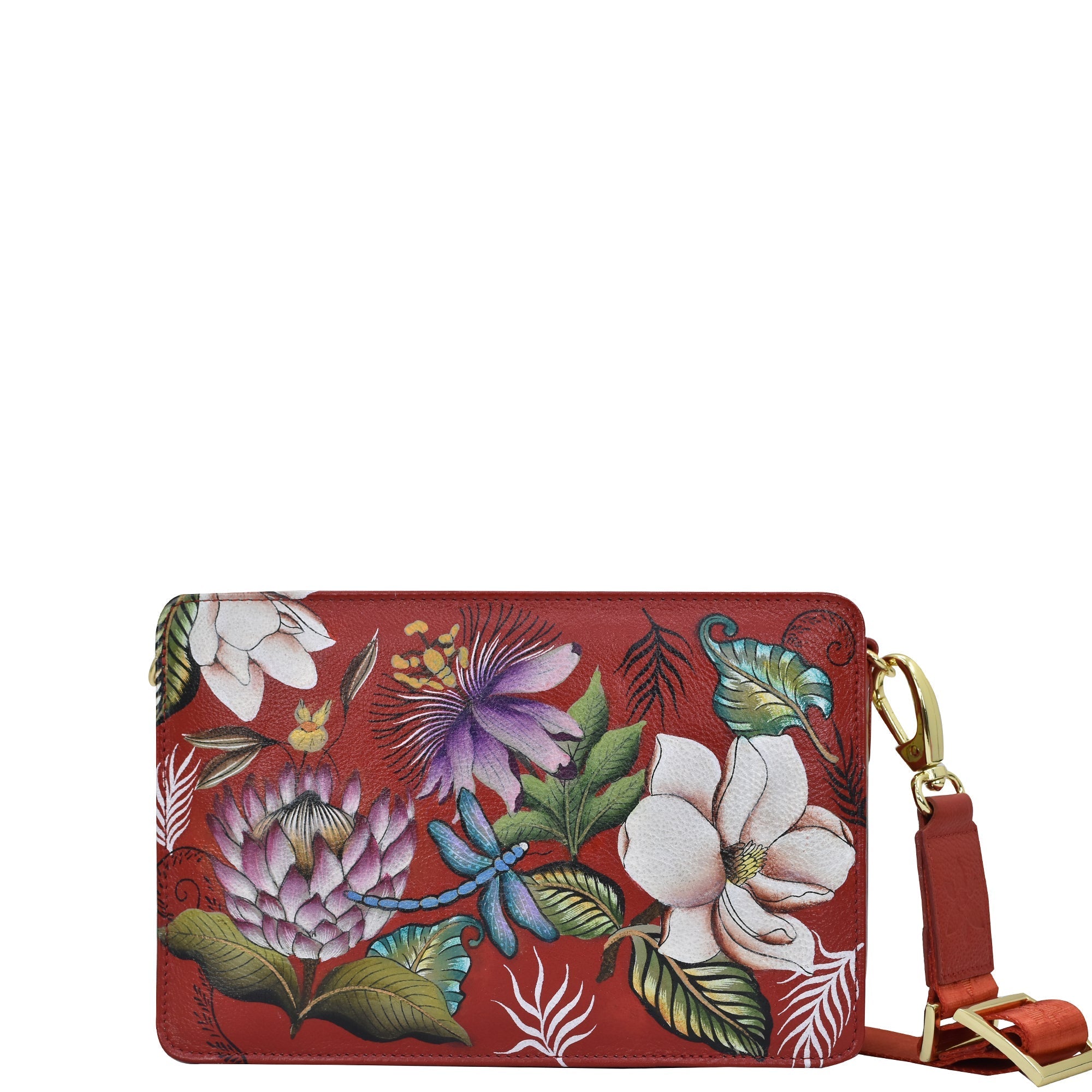 Anuschka Triple Compartment Crossbody with Crimson Garden painting