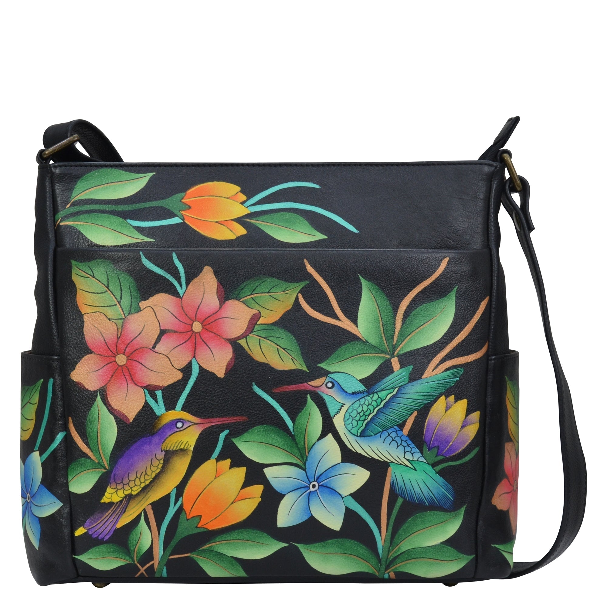 Birds in Paradise Black Crossbody with Side Pockets - 8356